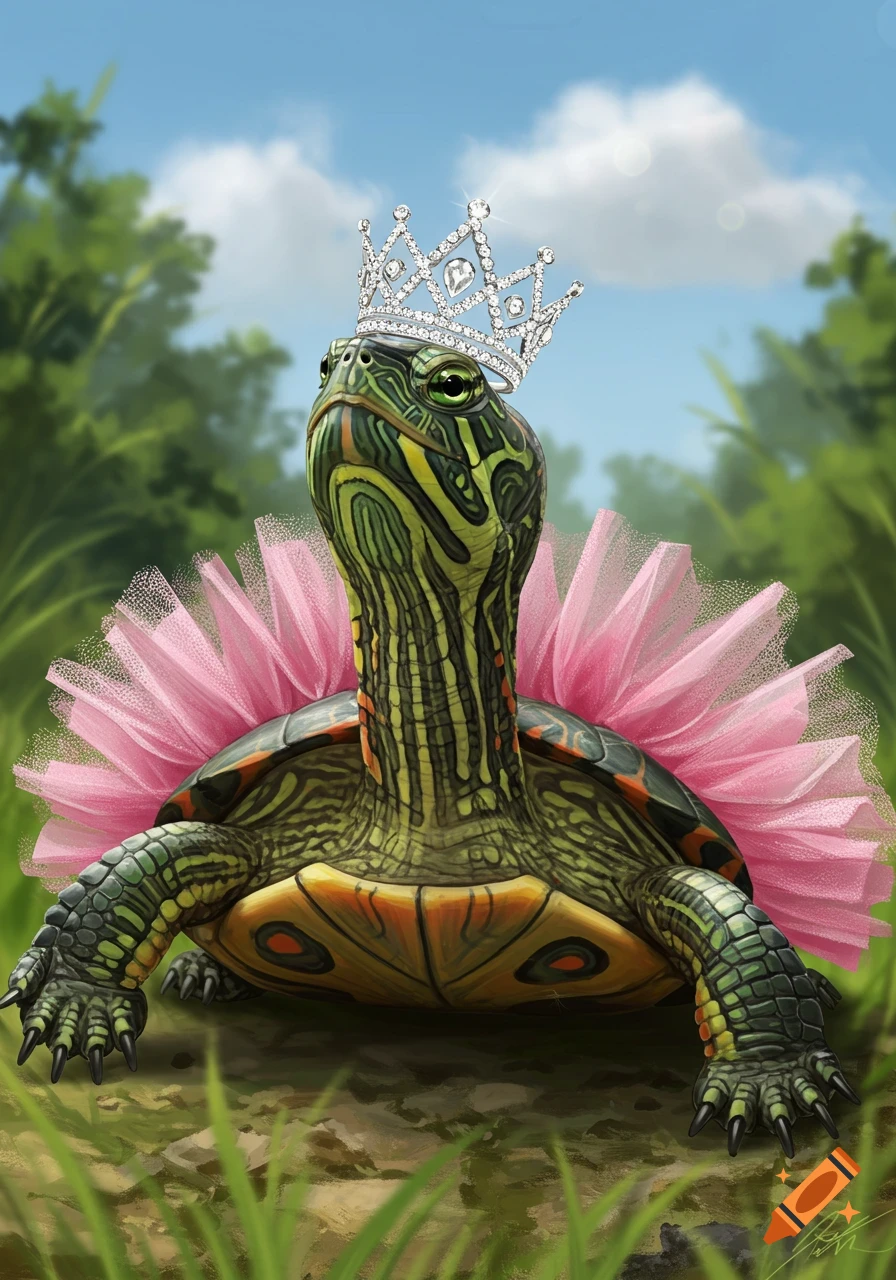 A western painted turtle wears a pink tutu and a silver crown, looking up in a grassy field.
