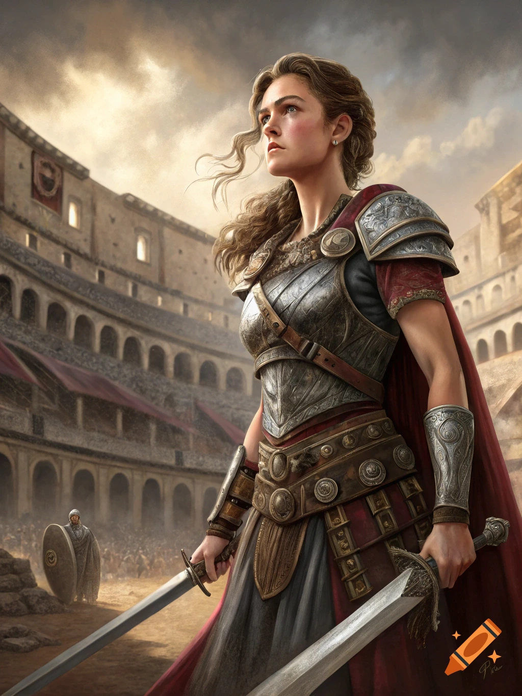 Realistic digital painting of a female warrior in gladiator armor holding two swords in an arena.