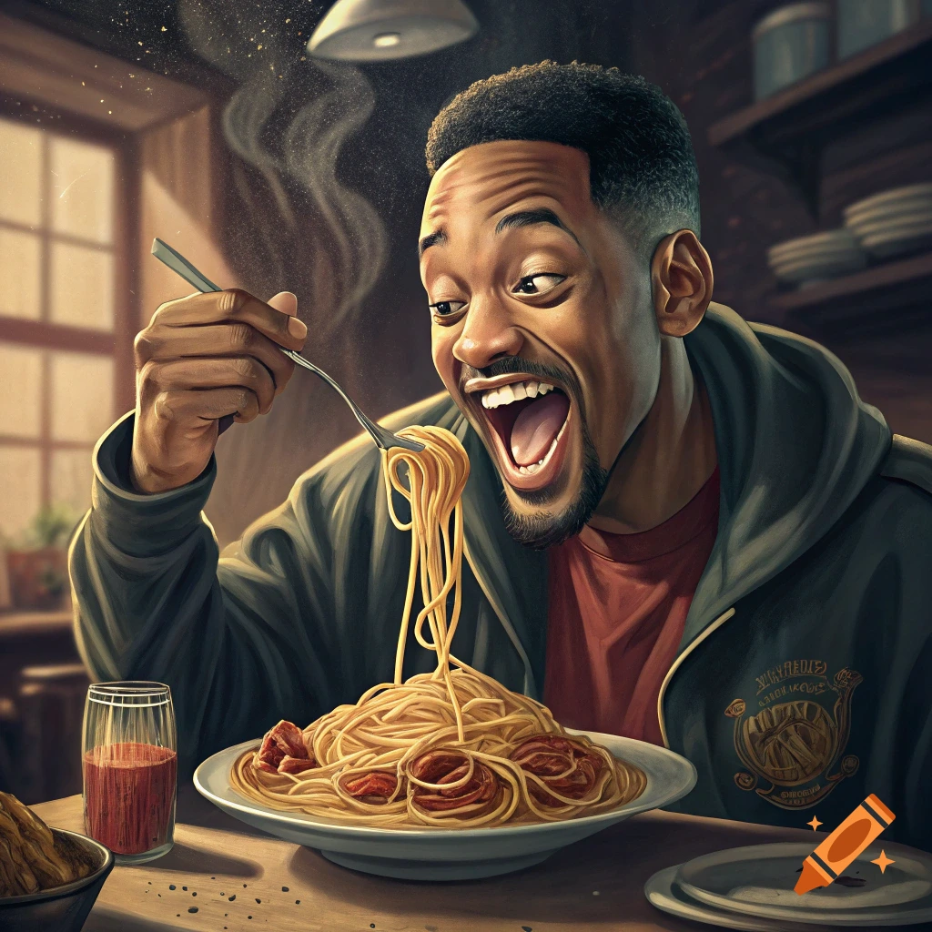 Illustration of a man resembling Will Smith eagerly eating a large plate of spaghetti.
