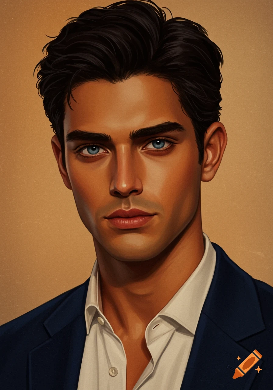 A digital portrait illustration of a handsome young man with dark hair ...