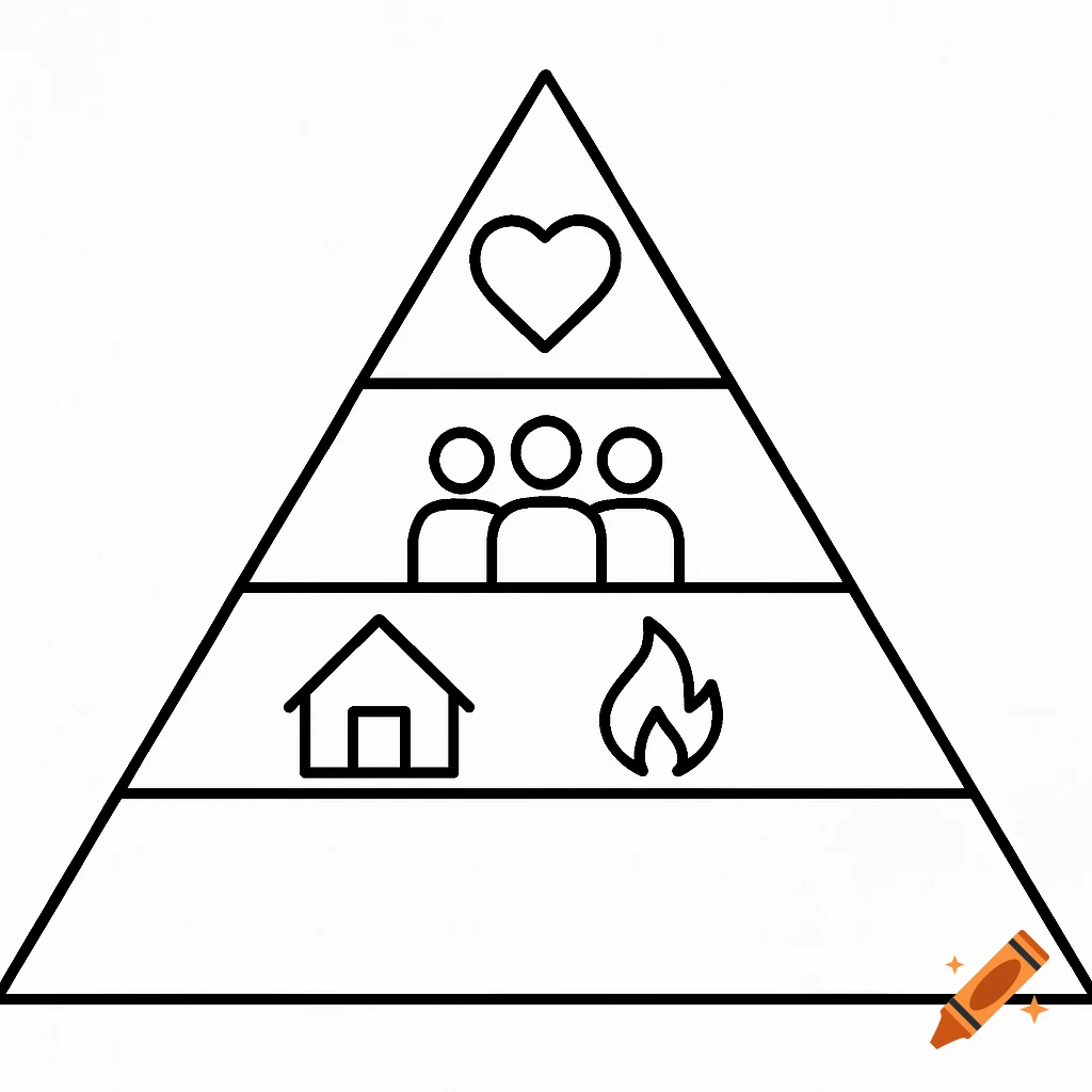 Black and white line drawing of a four-tier pyramid with symbols including a heart, three people, a house, and fire.