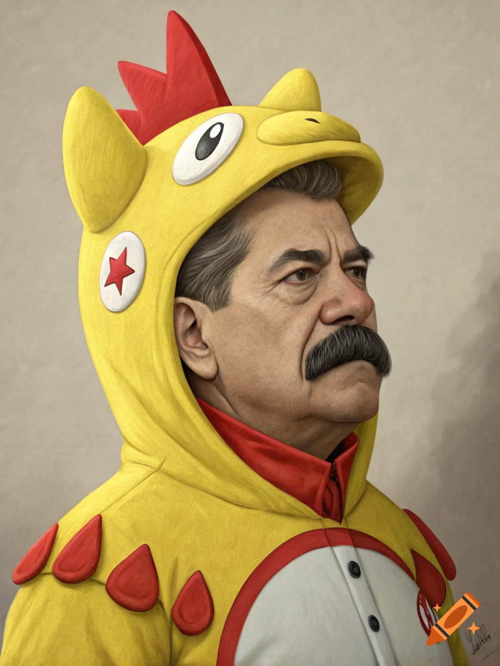 Joseph Stalin wearing a yellow chicken mascot costume.