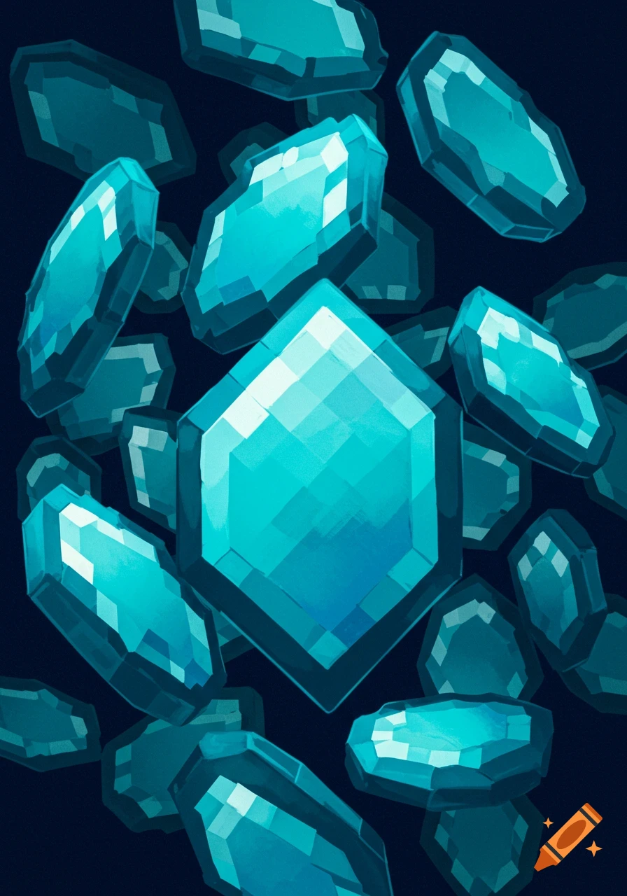 Stylized turquoise gems float against a dark background.