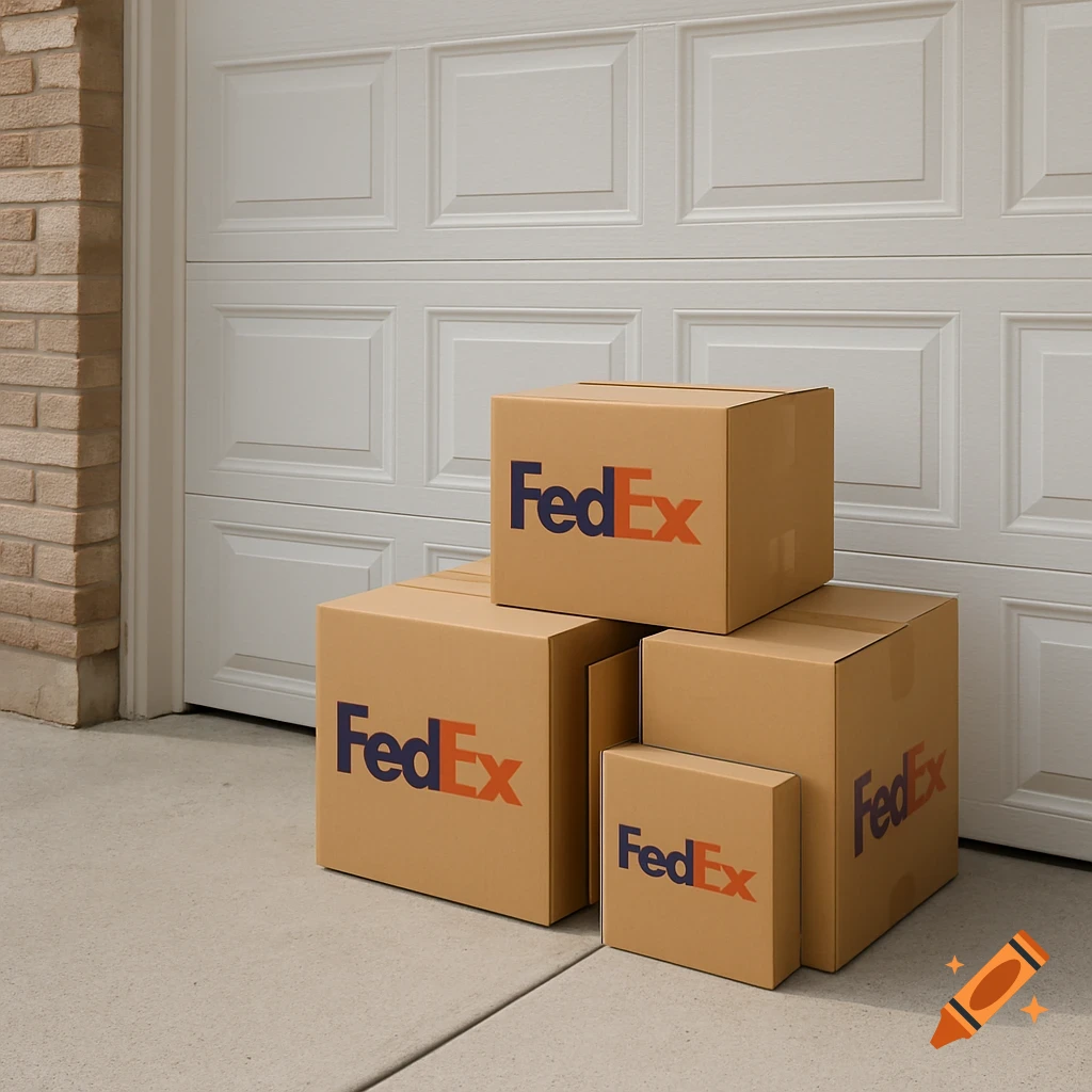 Photorealistic image of FedEx boxes on a driveway in front of a garage door.