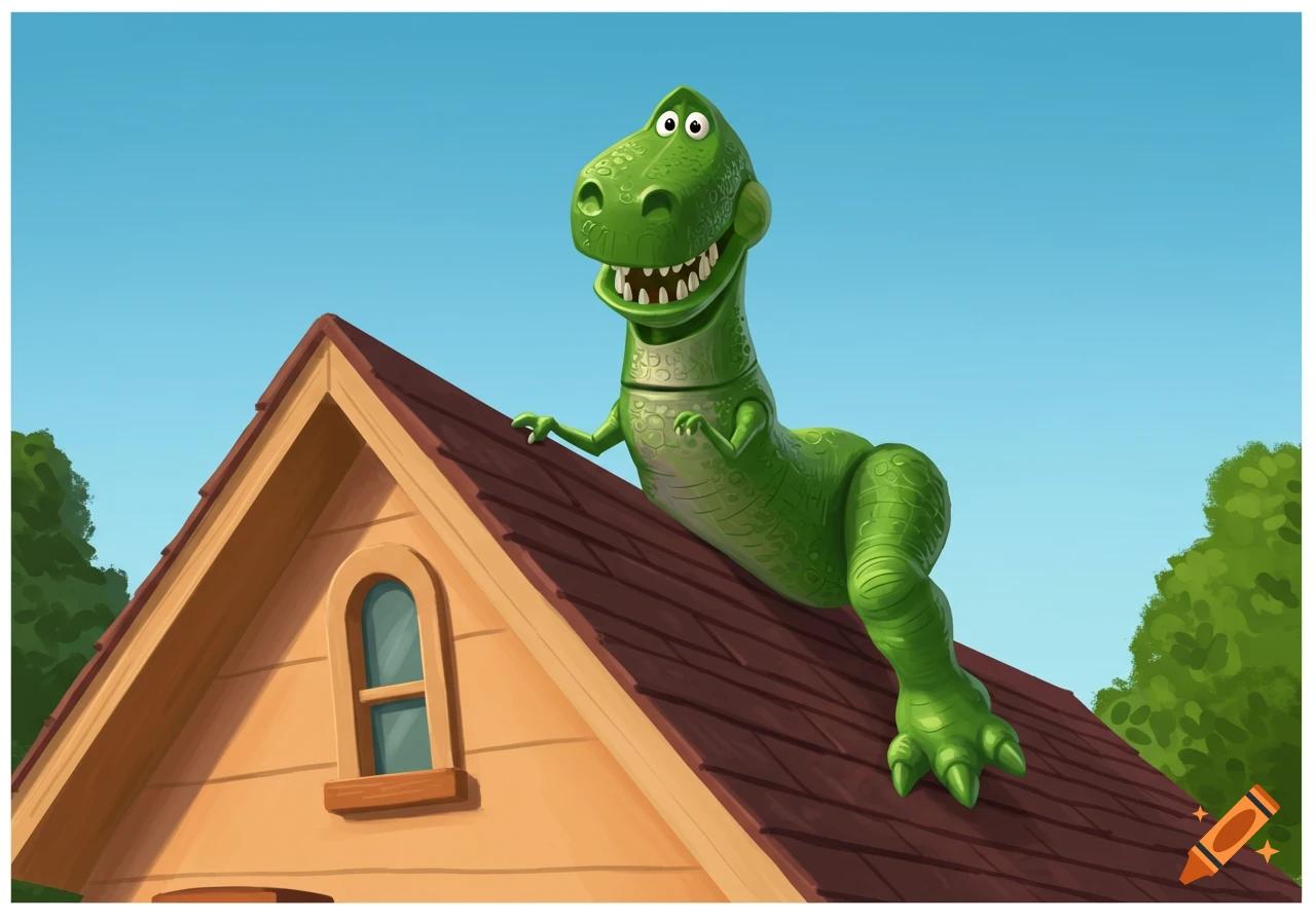 Illustration of Rex the dinosaur from Toy Story on a house roof.