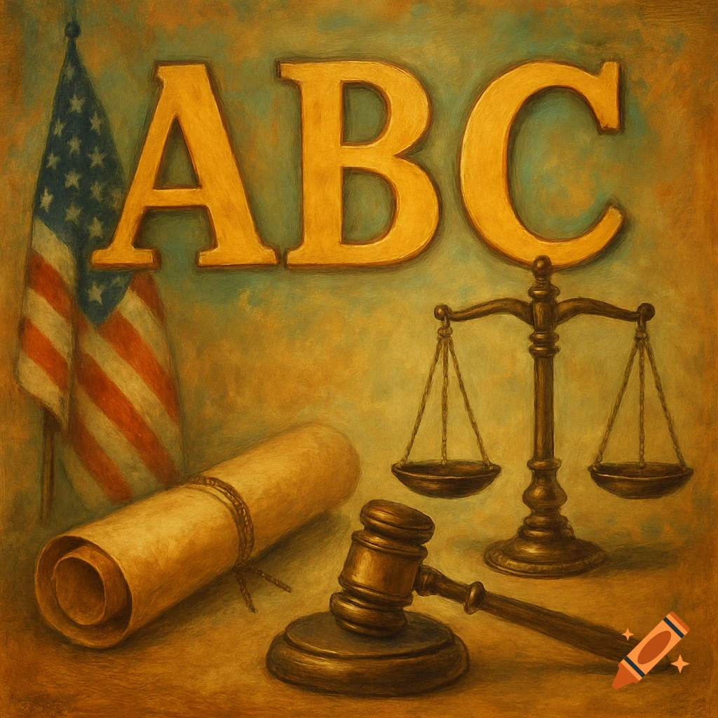 ABC letters, US flag, scroll, gavel, and scales of justice in a painterly style