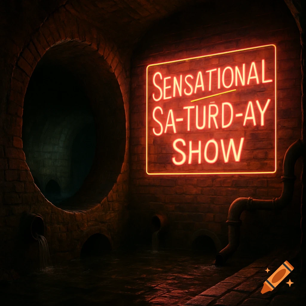 A dark, brick sewer with a neon sign reading 'Sensational Sa-turd-ay Show' hanging on the wall.