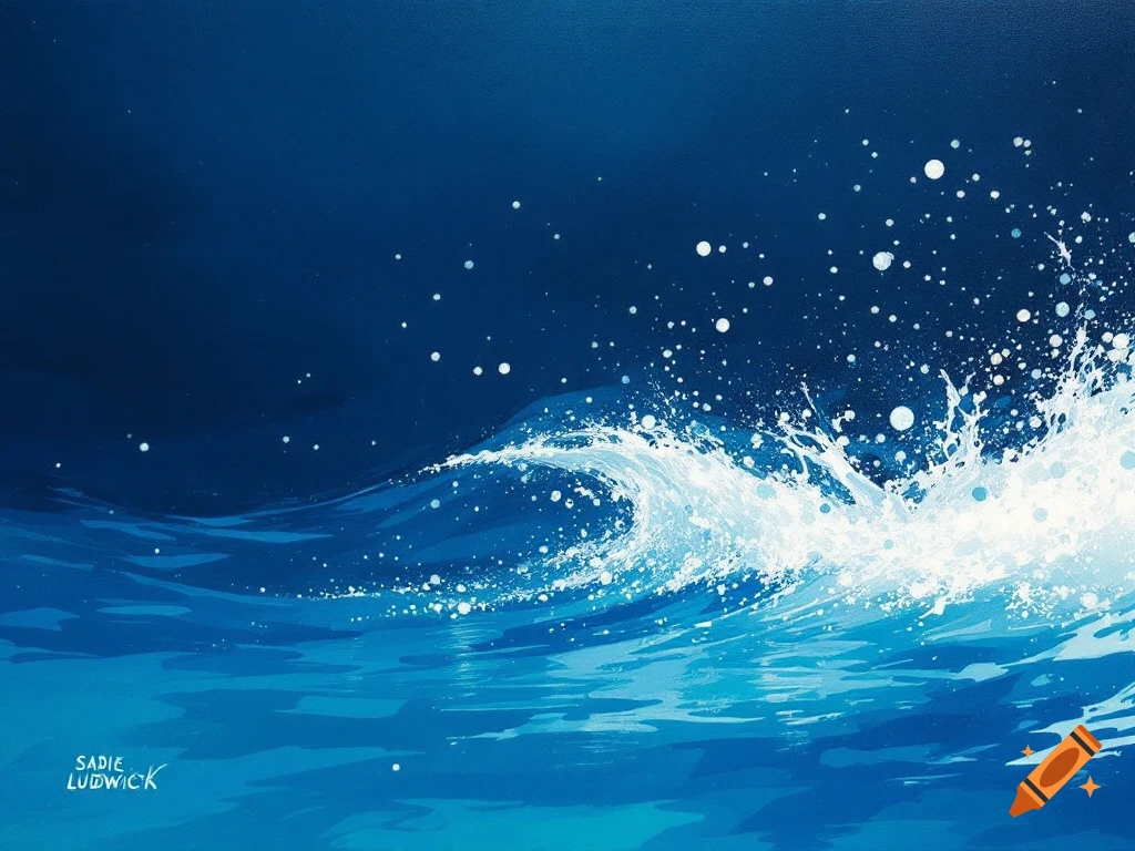 Painted blue ocean wave breaking with white spray.