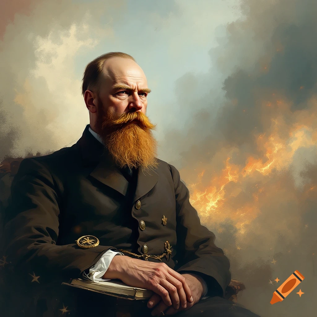Portrait of a man with a large beard in a suit, holding a book, against a dramatic, fiery sky.