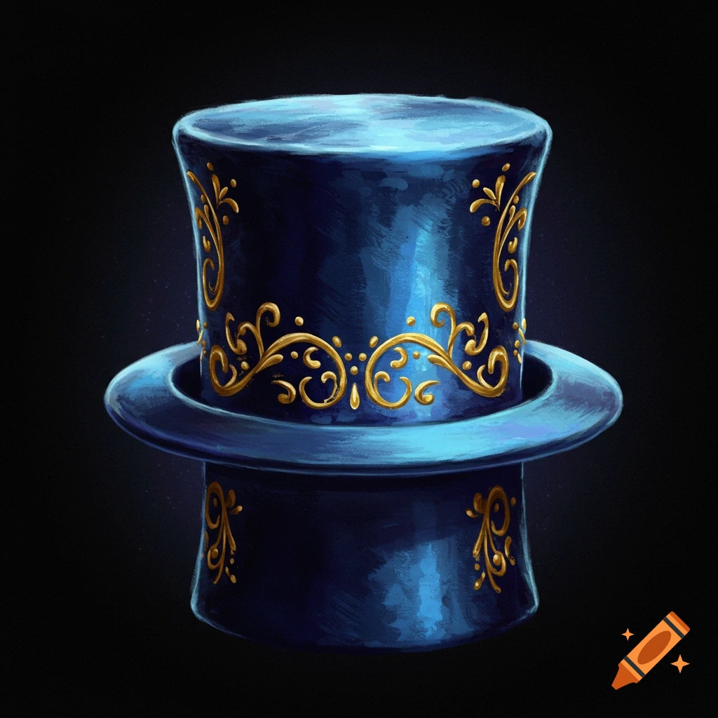 Illustration of a dark blue top hat decorated with gold scrollwork.