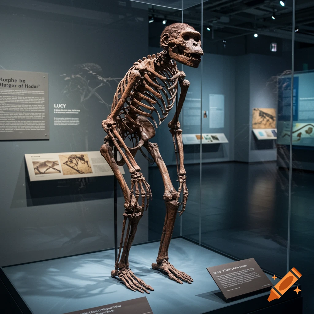 Skeleton of a hominid displayed in a museum exhibit case.