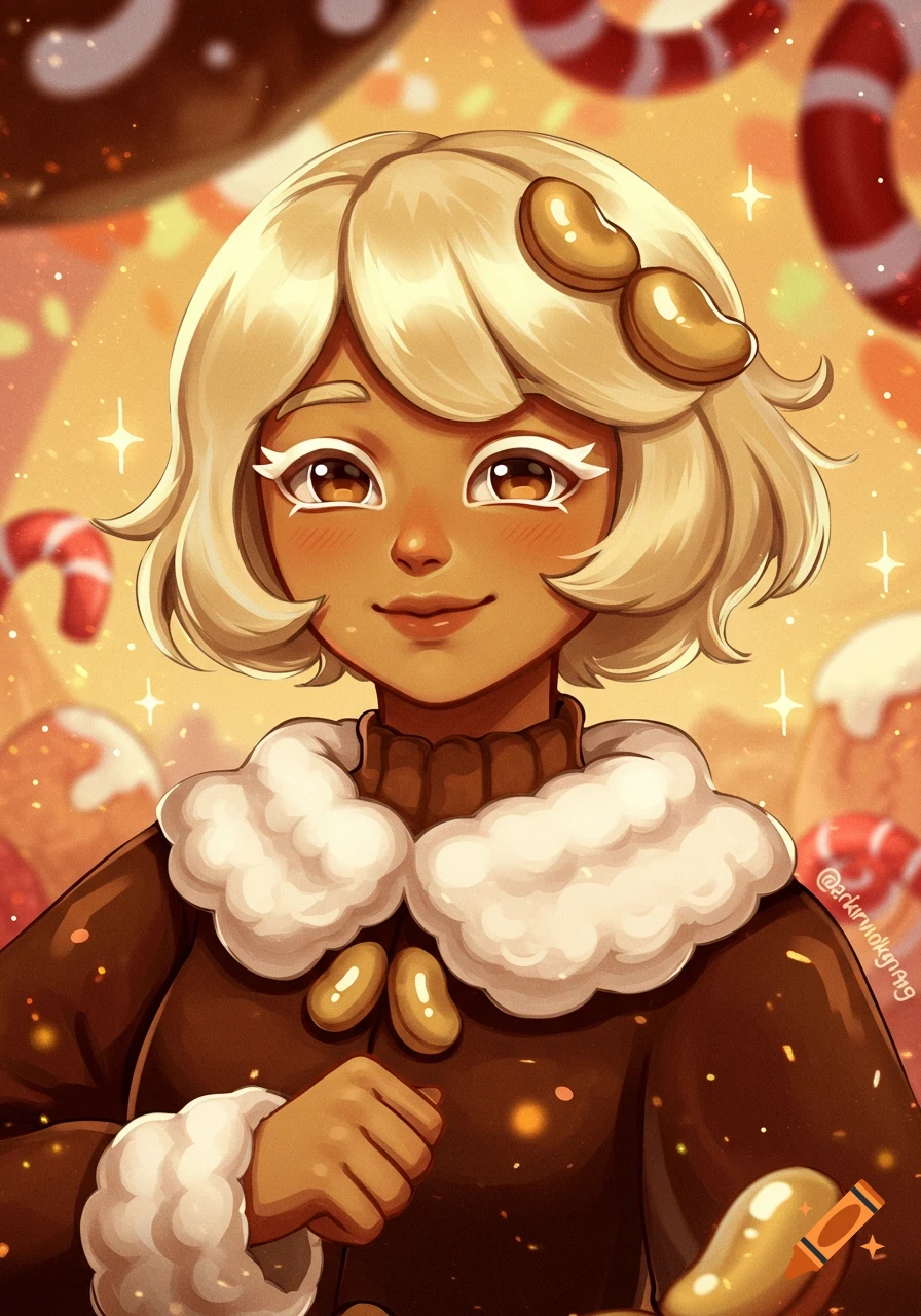 A close-up anime portrait of a stylized character with blond hair and brown eyes, wearing a brown fluffy sweater, surrounded by gingerbread and candy canes.