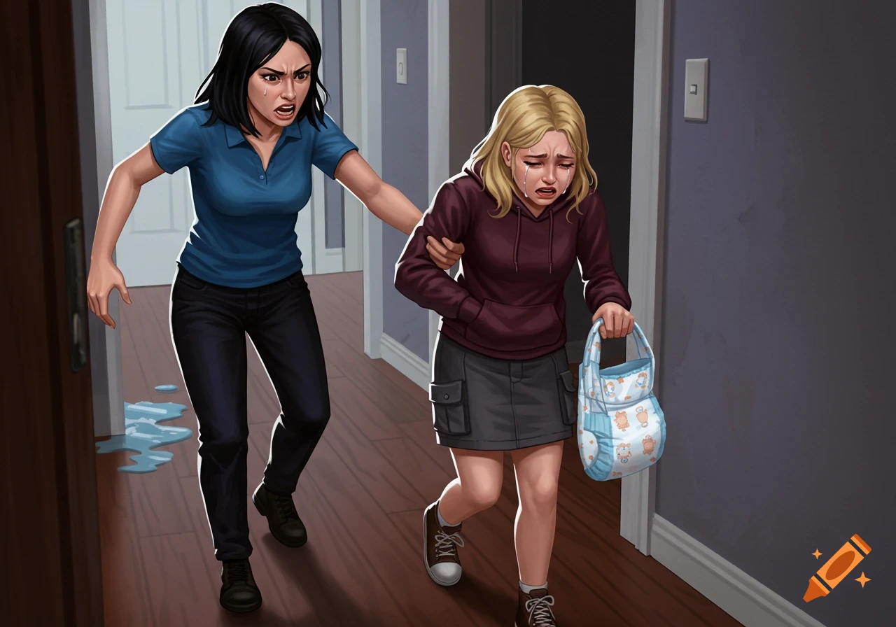 Angry woman drags crying woman with diaper bag down hallway, stylized illustration.