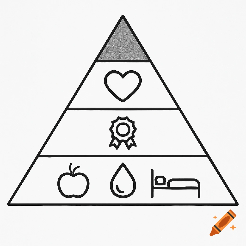 Line drawing of a pyramid representing Maslow's hierarchy of needs with symbols: apple, water drop, bed, award, heart, and shaded top.