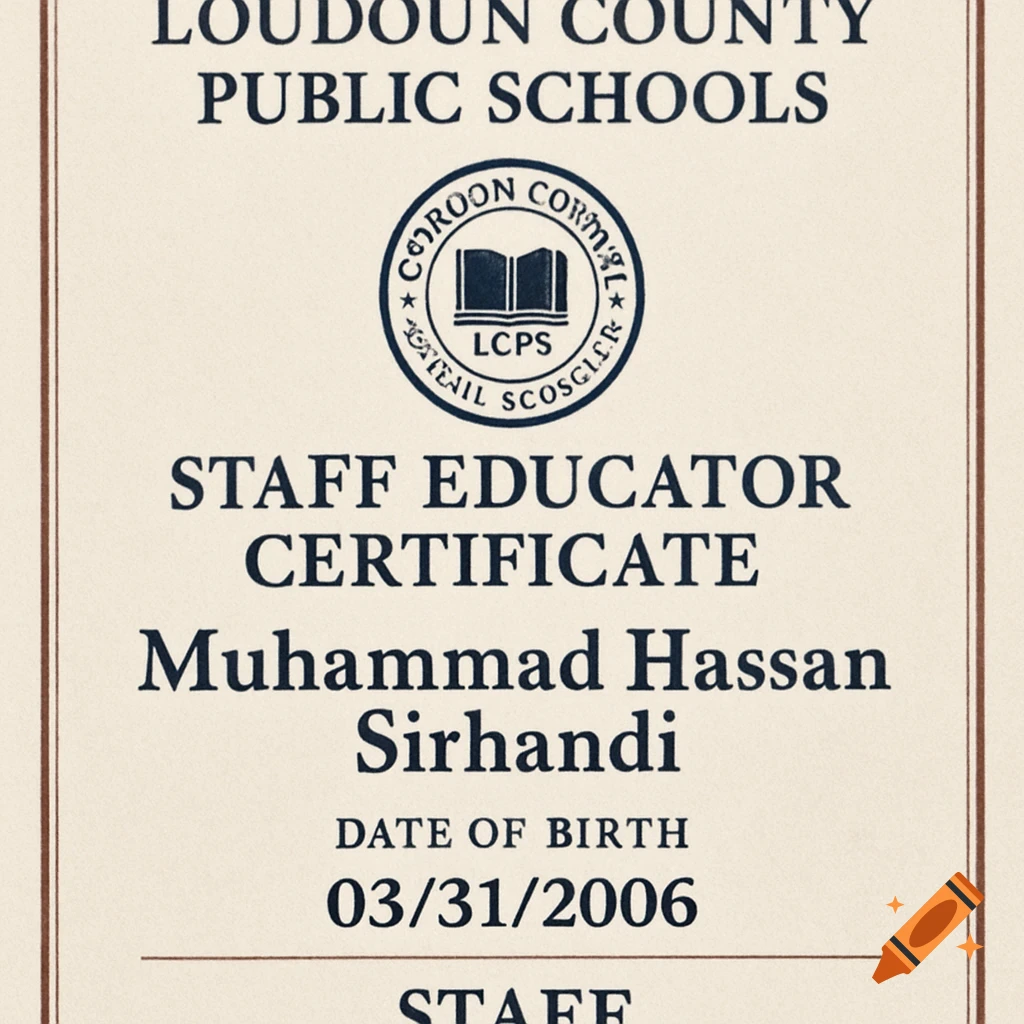 A Loudoun County Public Schools staff educator certificate for Muhammad Hassan Sirhandi.