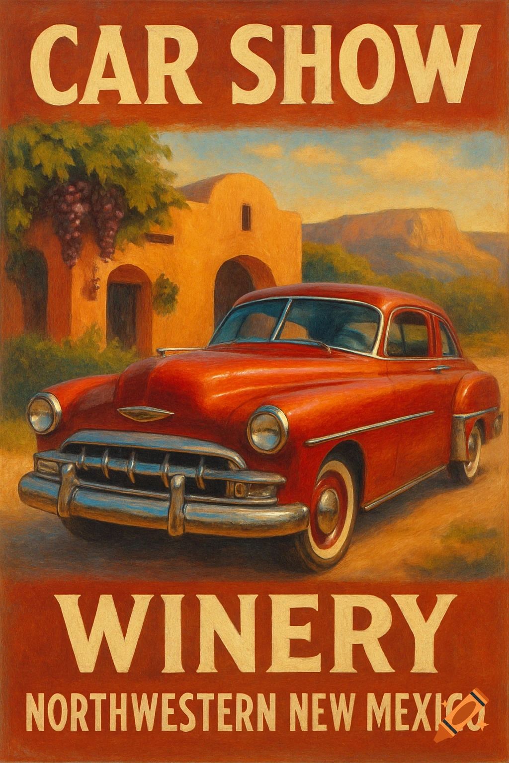 Vintage poster for a car show at a winery, featuring a red classic car, building, and landscape. Text: CAR SHOW, WINERY, NORTHWESTERN NEW MEXICO.