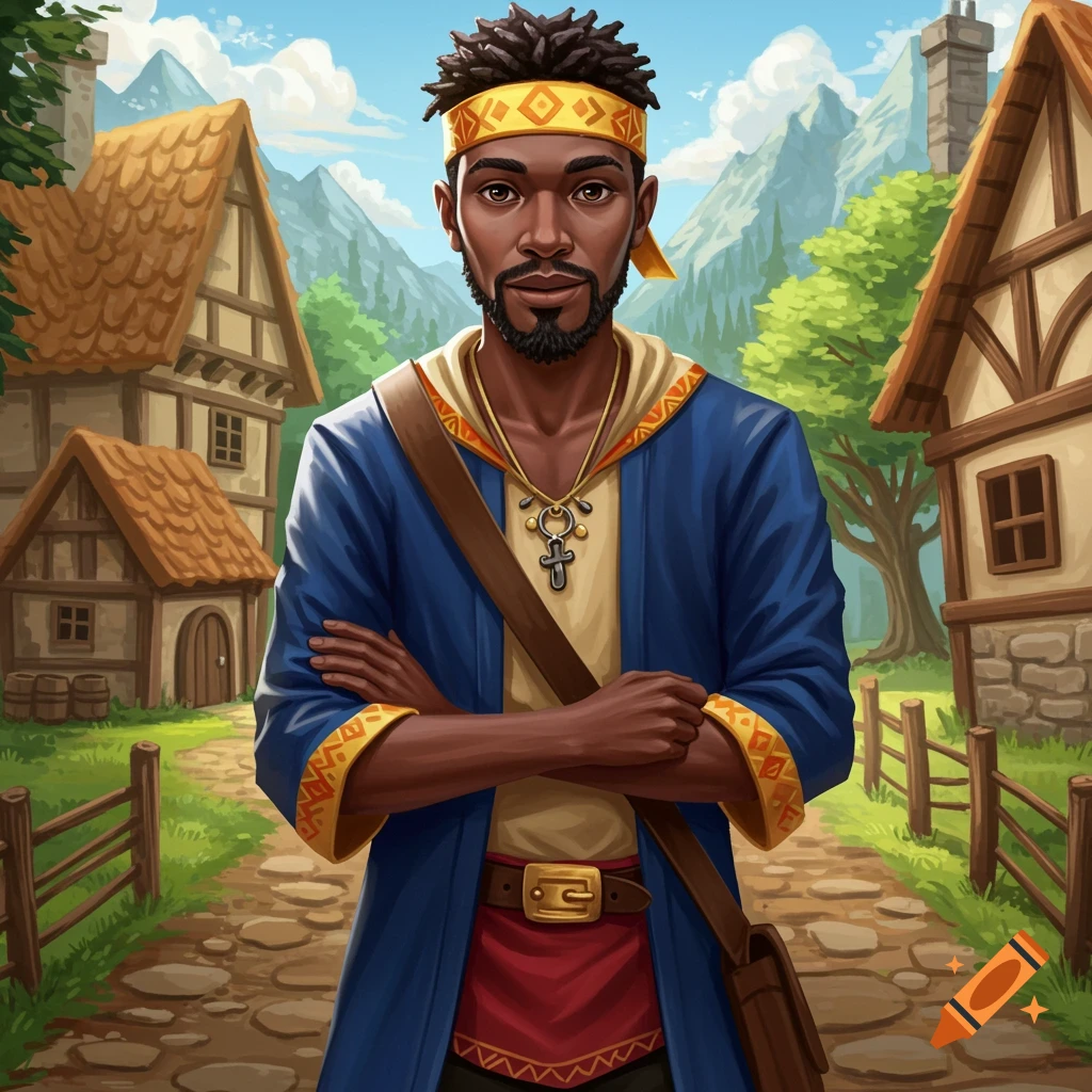 Illustration of a man with dreadlocks standing on a path in a village, arms crossed.
