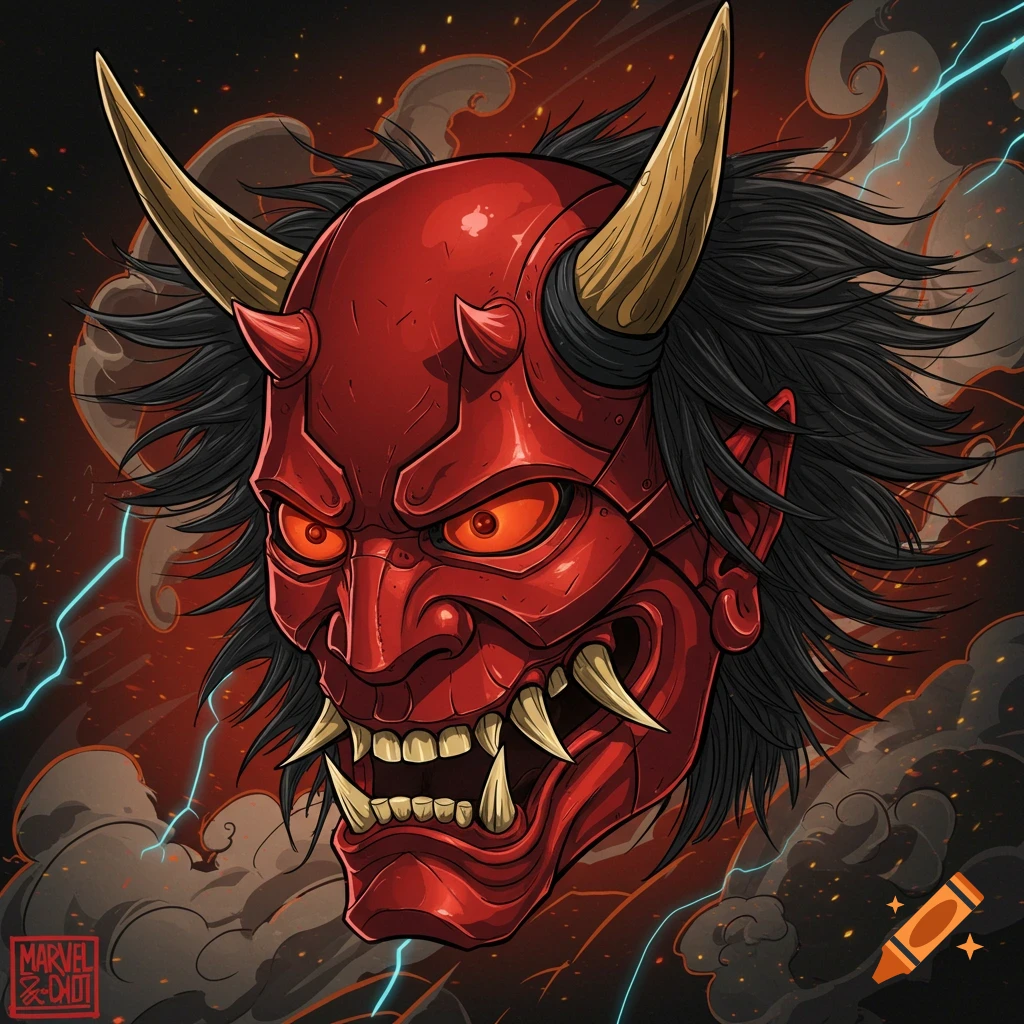 Illustration of a red Japanese oni mask with horns and sharp teeth amidst smoke and lightning.