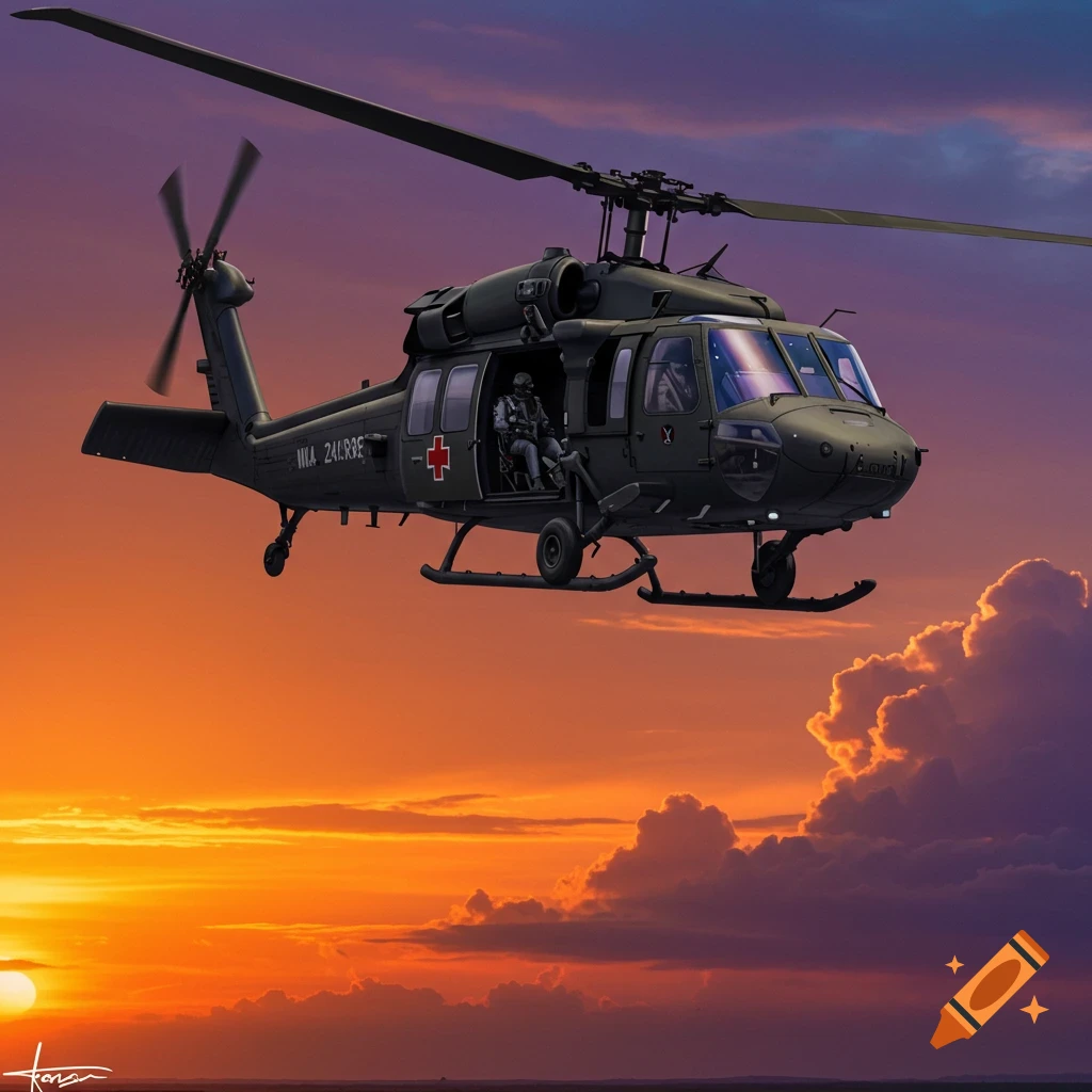 A Blackhawk medevac helicopter flies through a vibrant sunset sky.
