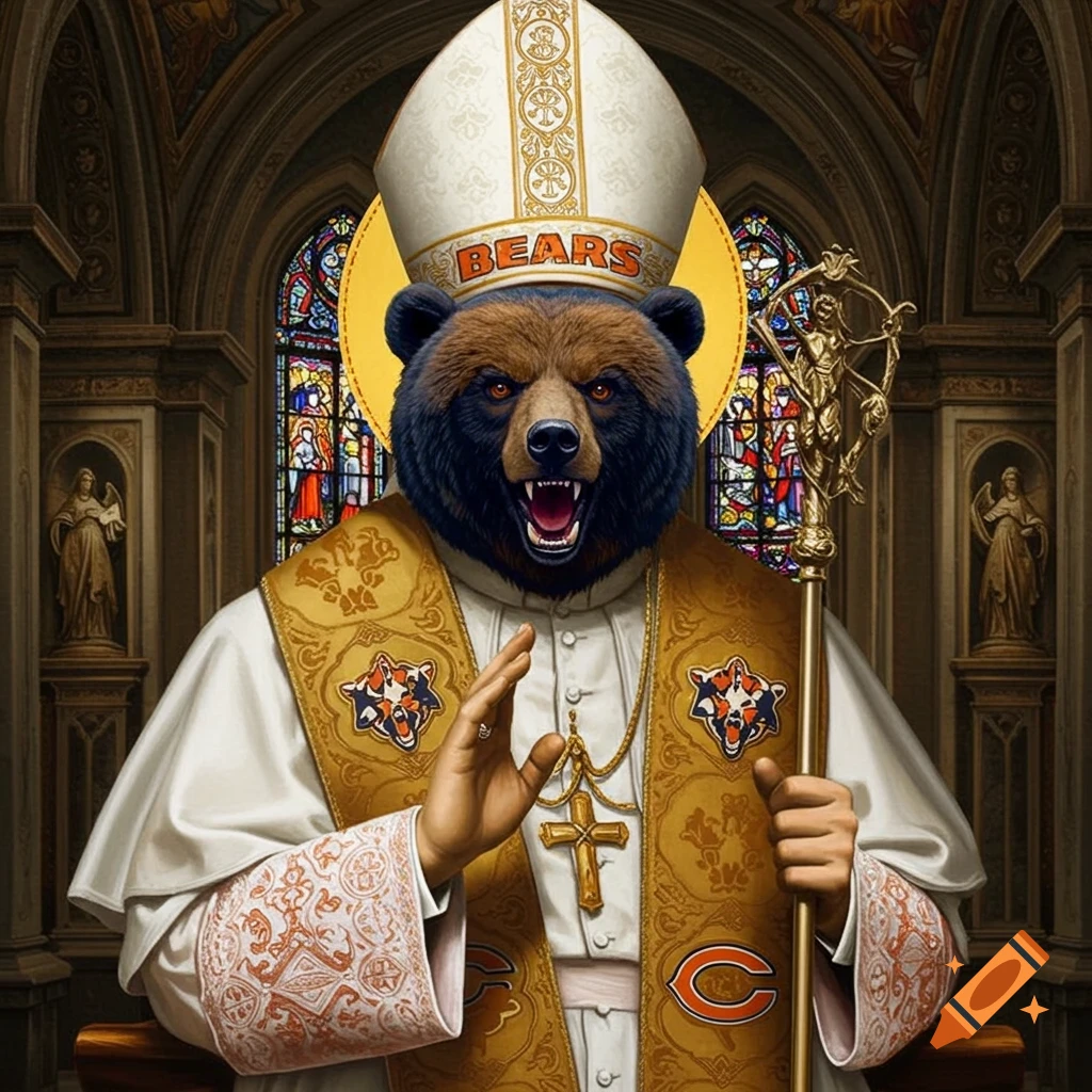 A realistic bear head on a figure wearing a pope's mitre and robes adorned with Chicago Bears logos, standing in a church.