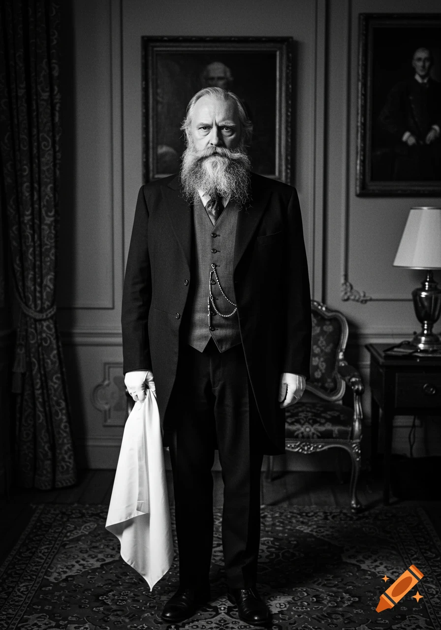 Black and white full portrait of an old man with a long white beard, dressed as a butler, standing in an ornate room.