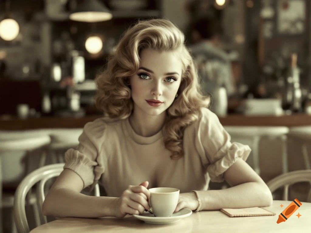 Portrait of a woman in a 1950s style coffee shop holding a cup of coffee.