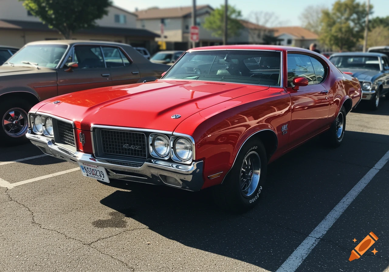 A shiny red 1970 Oldsmobile 442 classic muscle car parked outdoors.