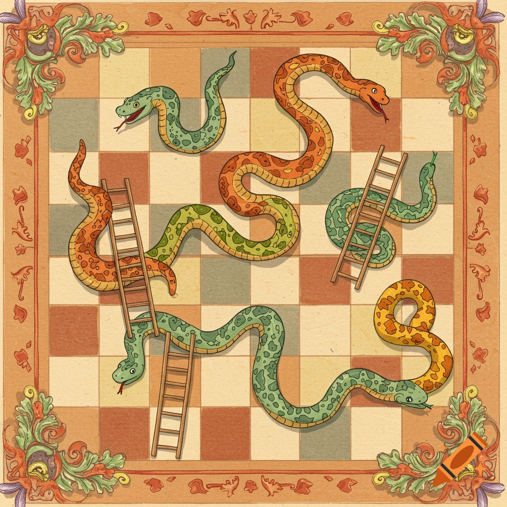 An illustration of a snakes and ladders board game with multiple snakes and ladders on the grid.