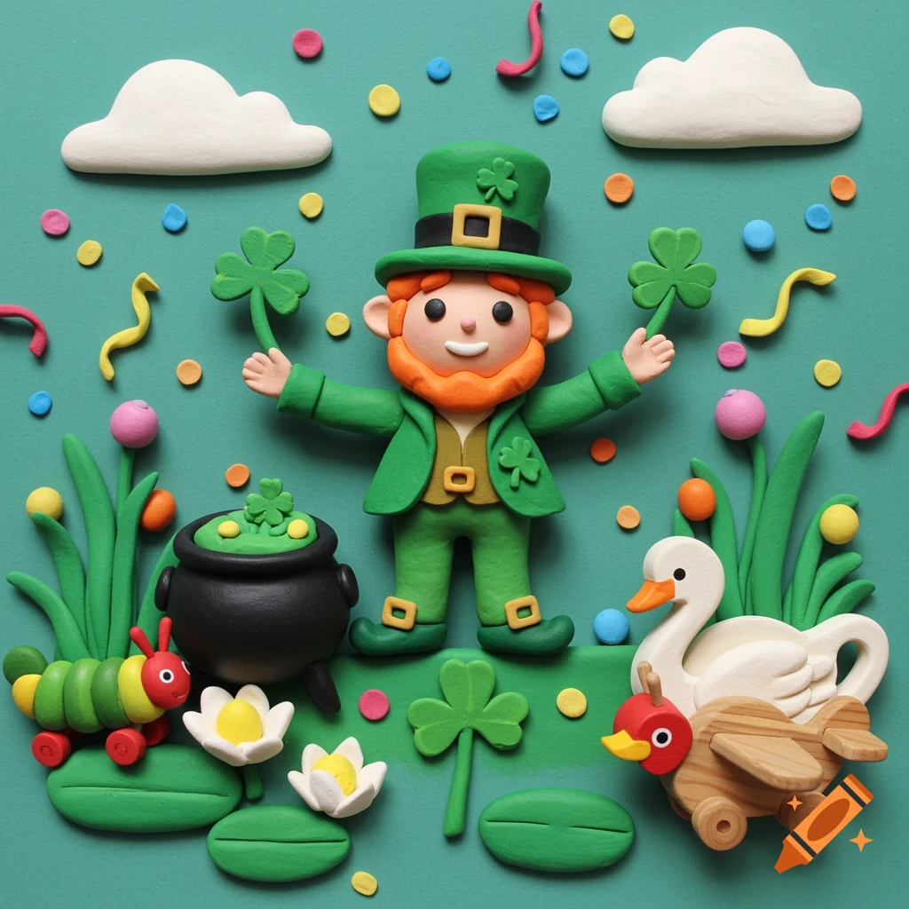 Clay model diorama of a leprechaun with a pot of gold, shamrocks, clouds, and toys like a caterpillar and swan airplane.