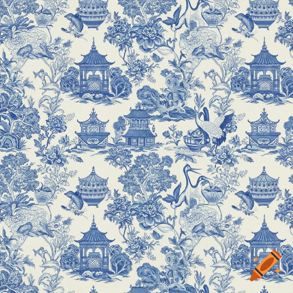 Blue and white Chinoiserie pattern with pagodas, cranes, and floral motifs.