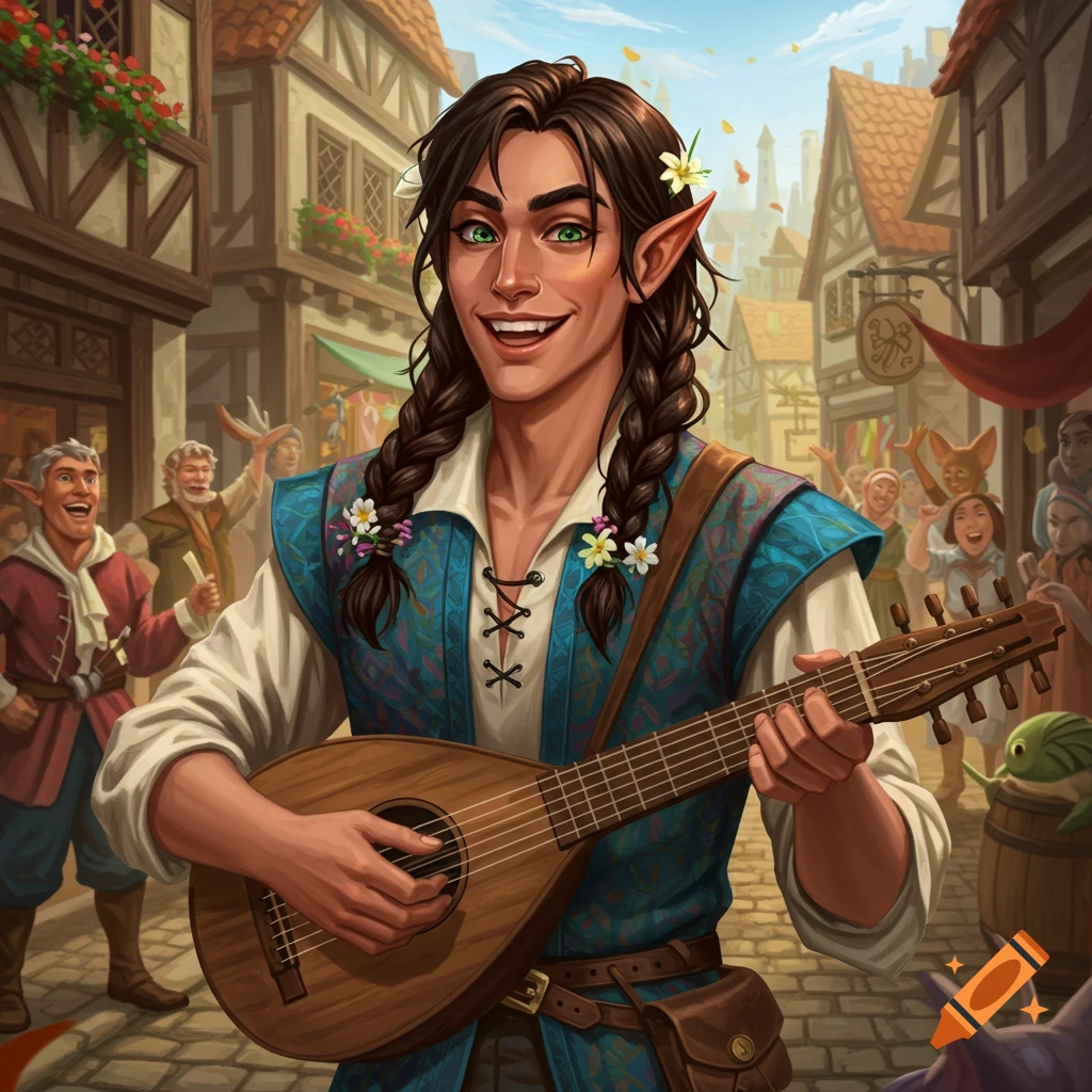 A cheerful elven bard plays a lute in a bustling fantasy town square with a crowd watching.