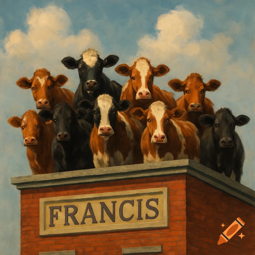 Cows peek over the top of a brick building with a 'FRANCIS' sign.