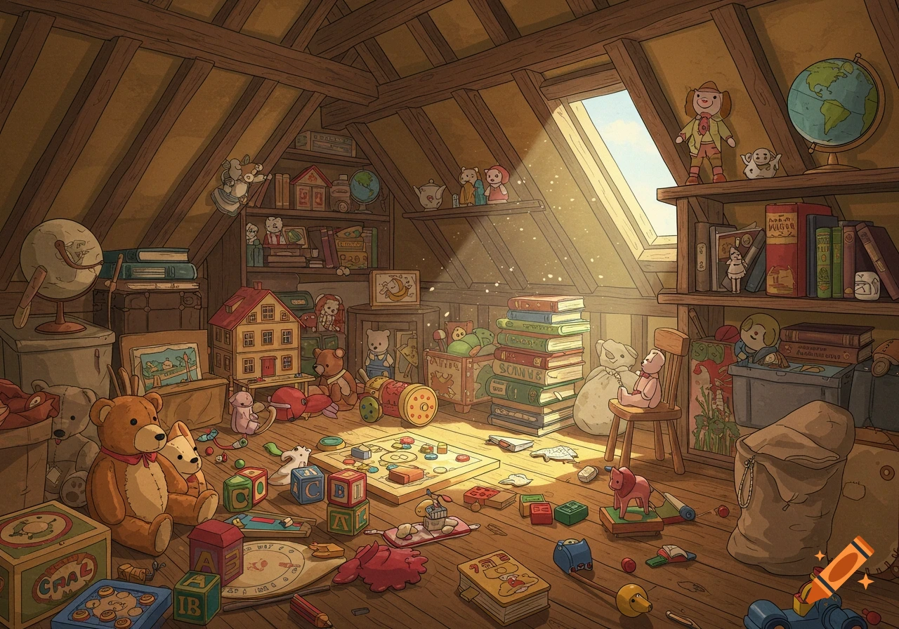 A cluttered attic room filled with toys and books, illuminated by a sunbeam.