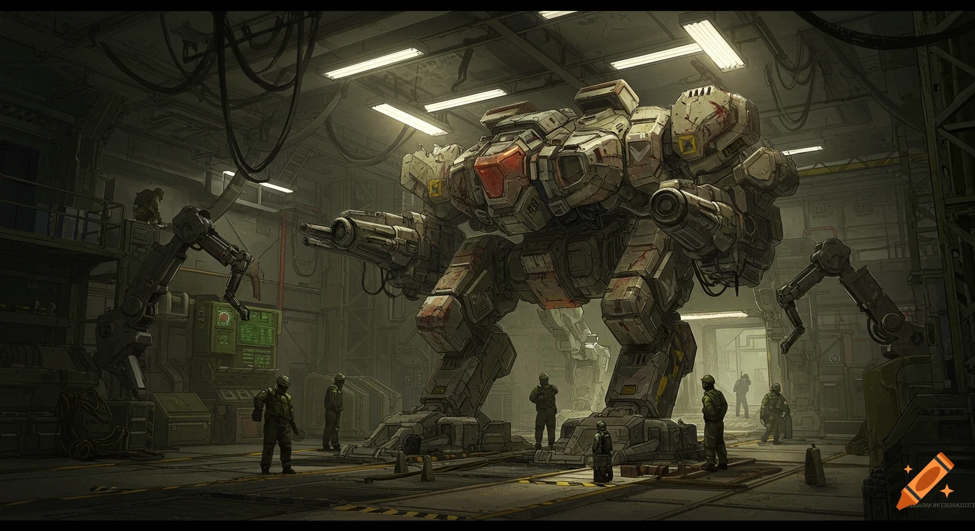 A large mech robot is being serviced by technicians in a futuristic military repair bay.