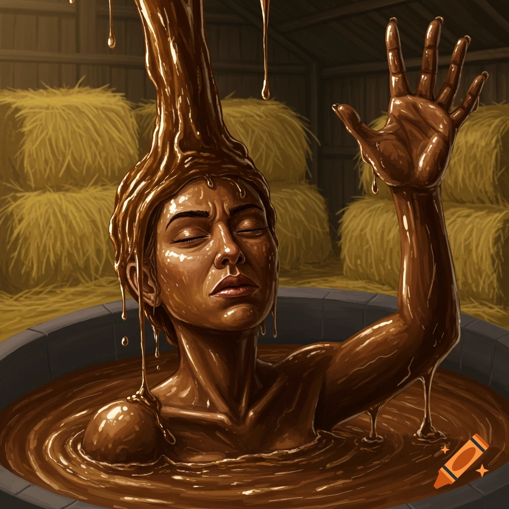 Illustrative art of a woman covered in brown molasses reaching upward in a barn setting with hay bales.