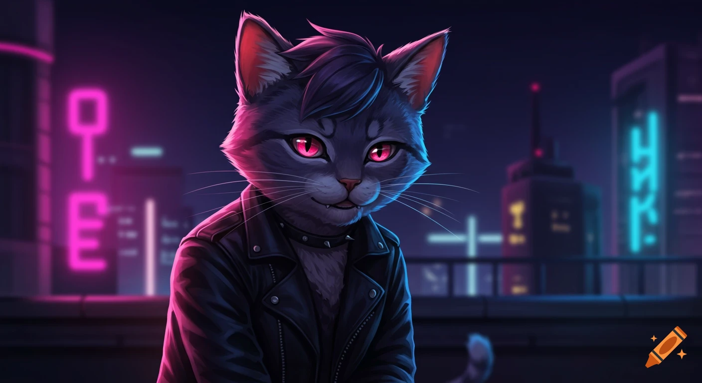 Stylish anime cat in a leather jacket sitting on a rooftop at night with neon lights in the background.