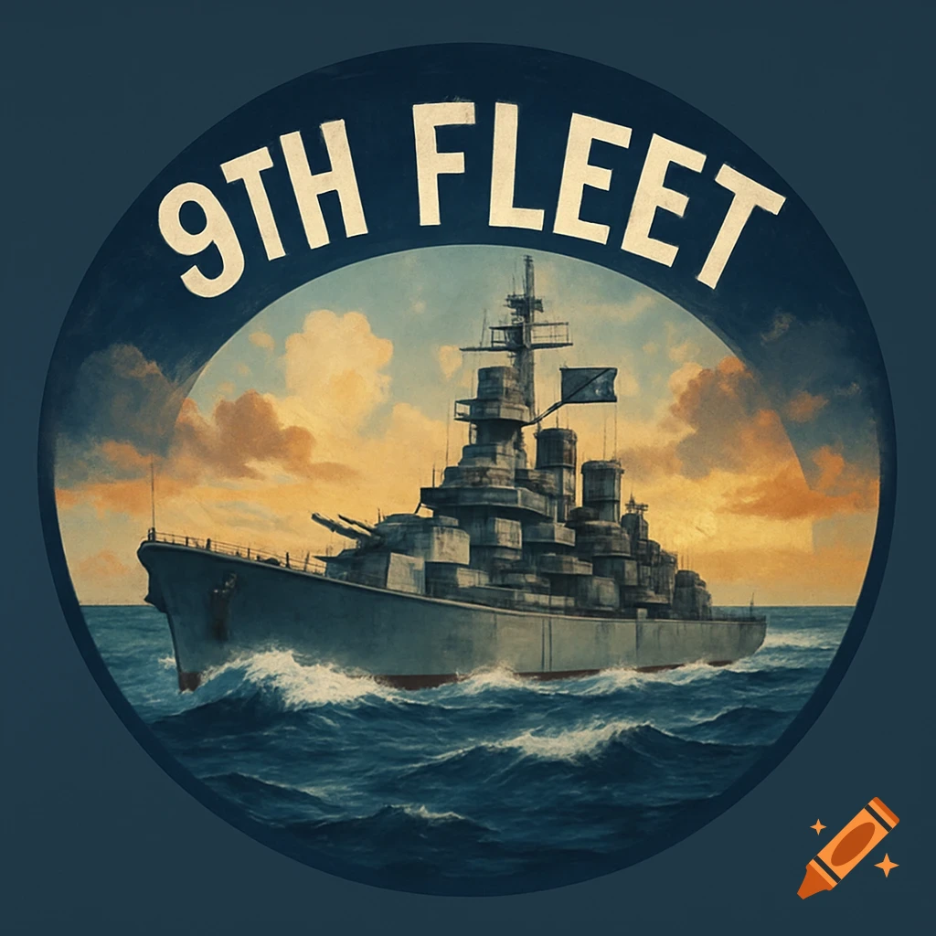 Illustration of a battleship at sea in a circular frame, with '9TH FLEET' at the top.