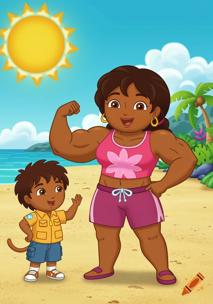 Cartoon of a muscular woman flexing next to a boy on a beach under a bright sun.