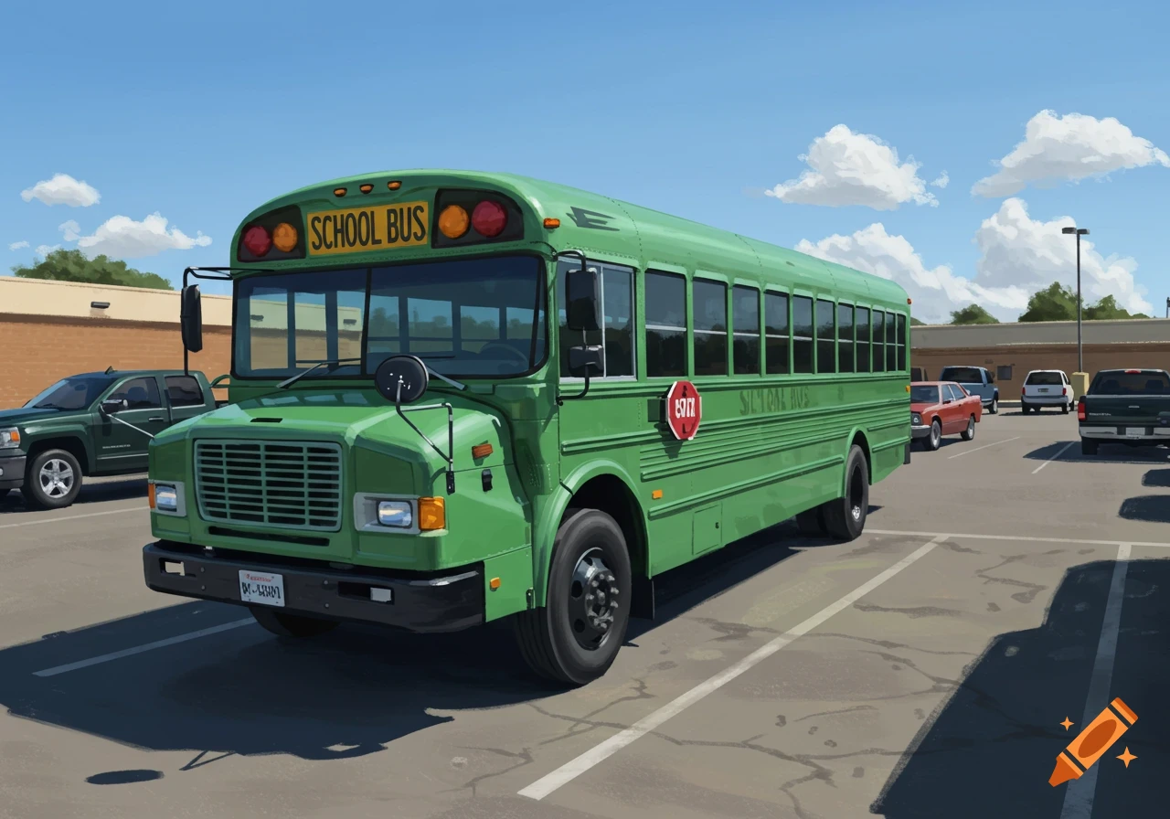A green school bus is parked in a sunny parking lot with other vehicles nearby.