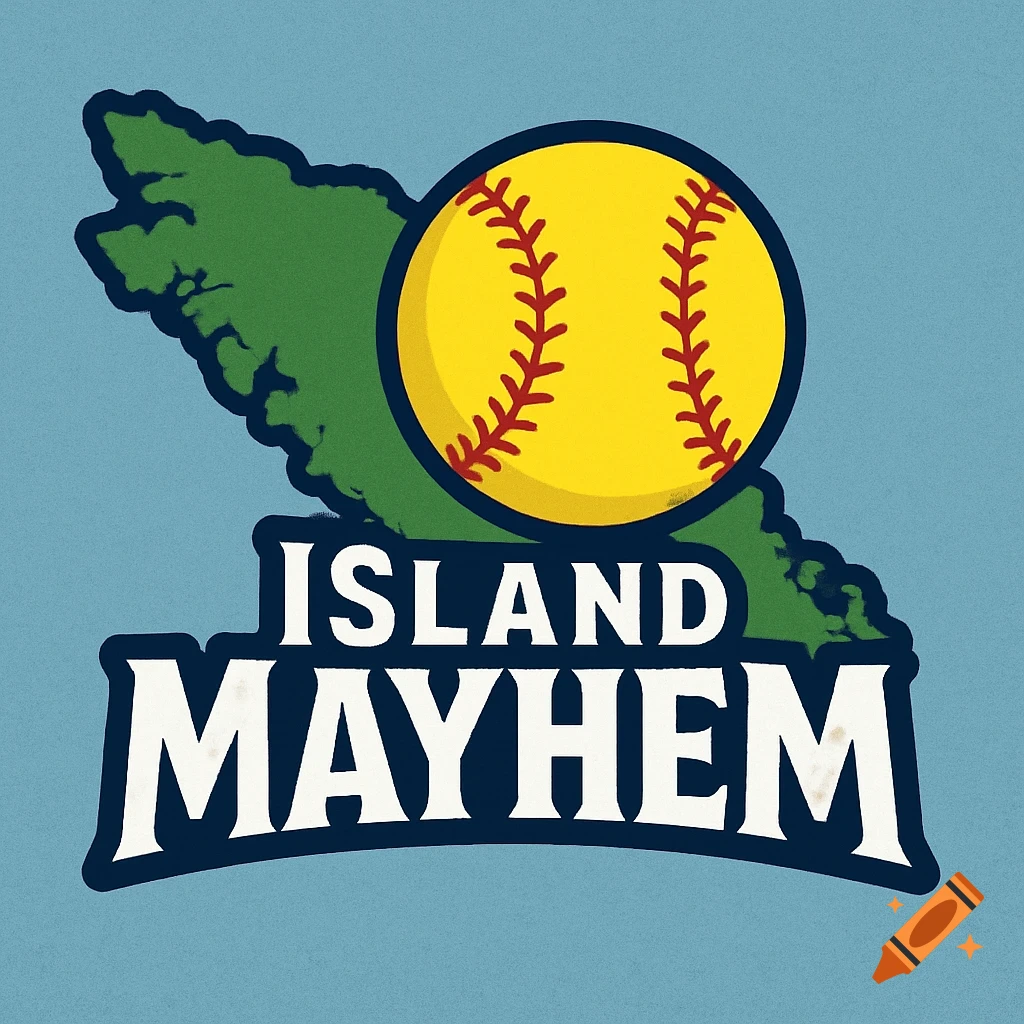 Logo with green island outline, yellow softball, and white text 'Island Mayhem' on blue background.