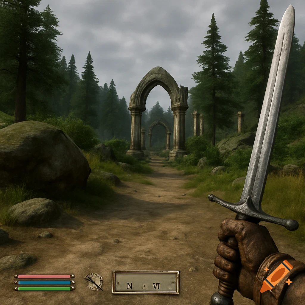 First-person view holding a sword in a forest path leading to ancient ruins, in the style of a fantasy video game screenshot.