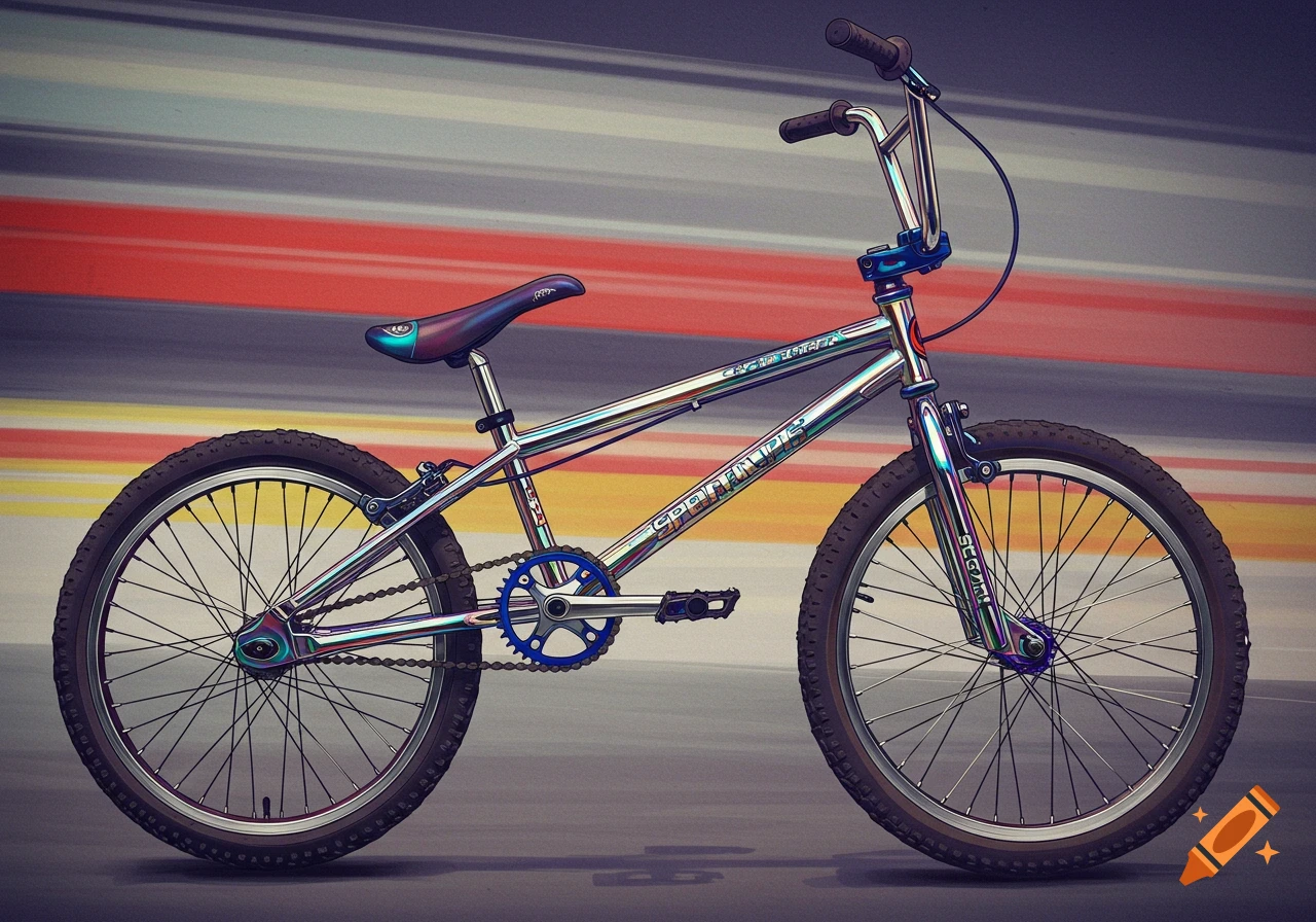 A chrome BMX bike with blue accents against a blurred, colorful background.