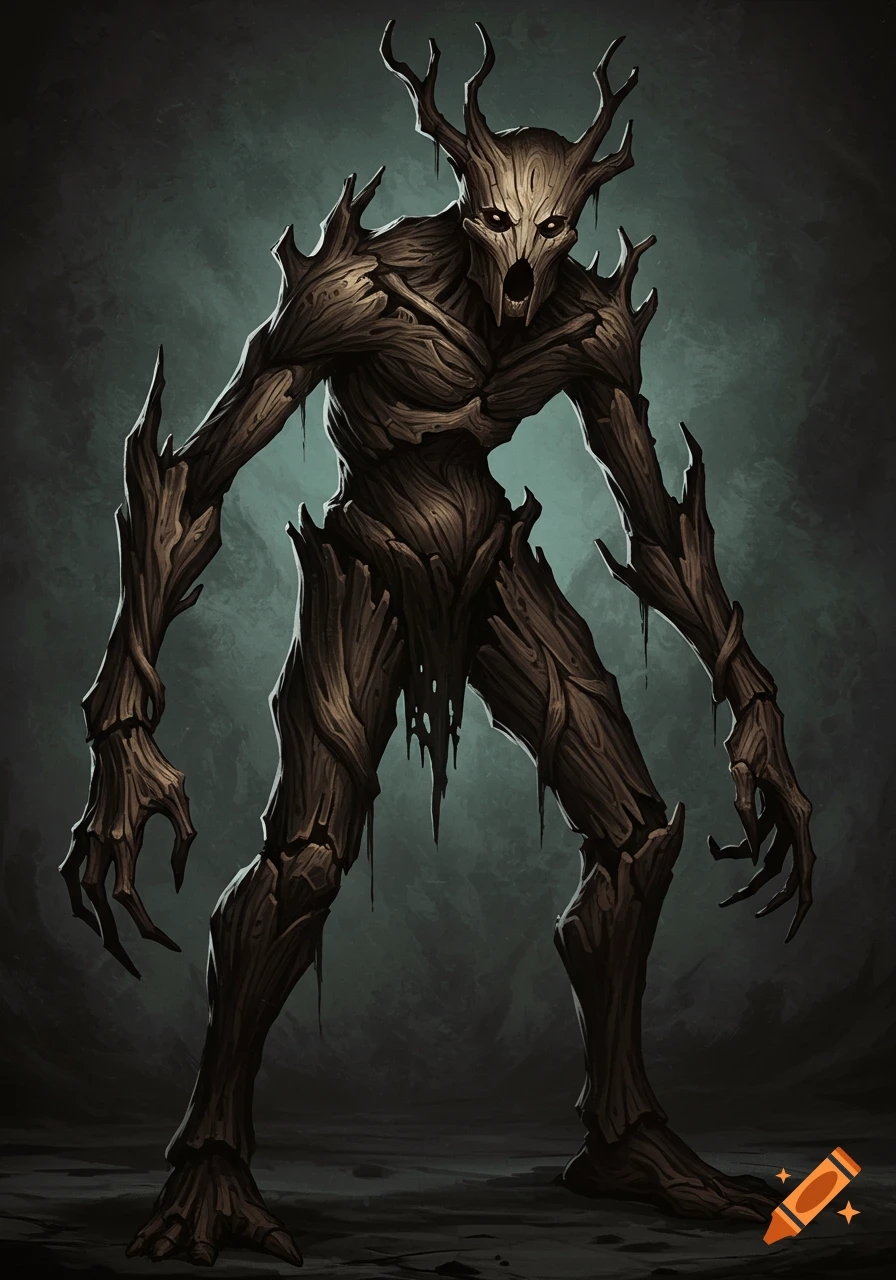 A monstrous fantasy creature made of twisted wood and roots stands with glowing eyes in a dark, stylized setting.