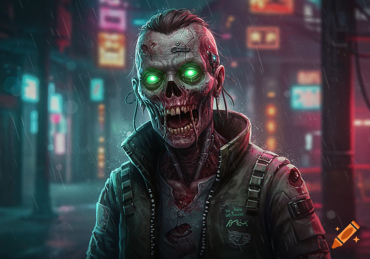 A cybernetic zombie stands in the rain in a glowing cyberpunk city.