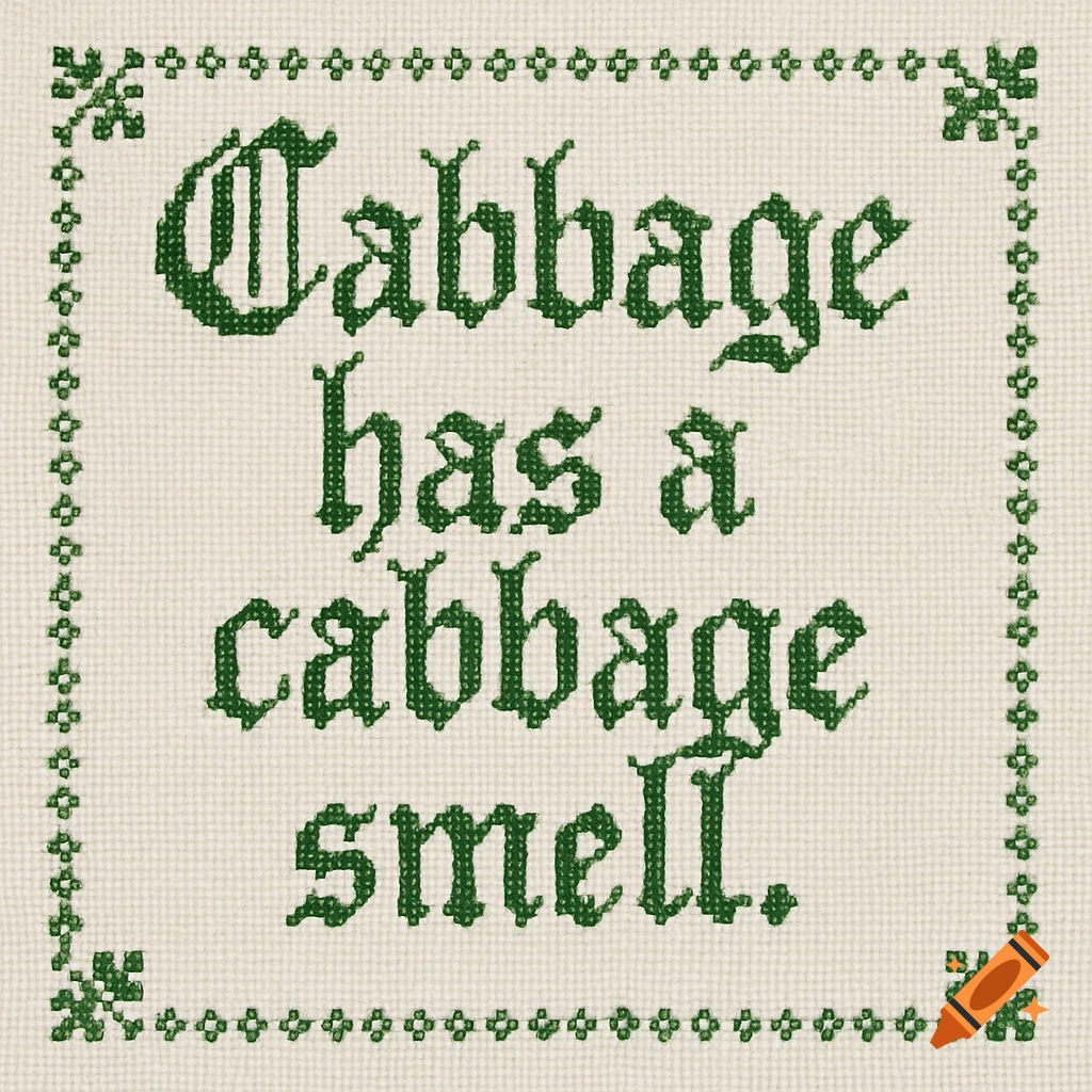 Green cross-stitch text 'Cabbage has a cabbage smell' with a border.