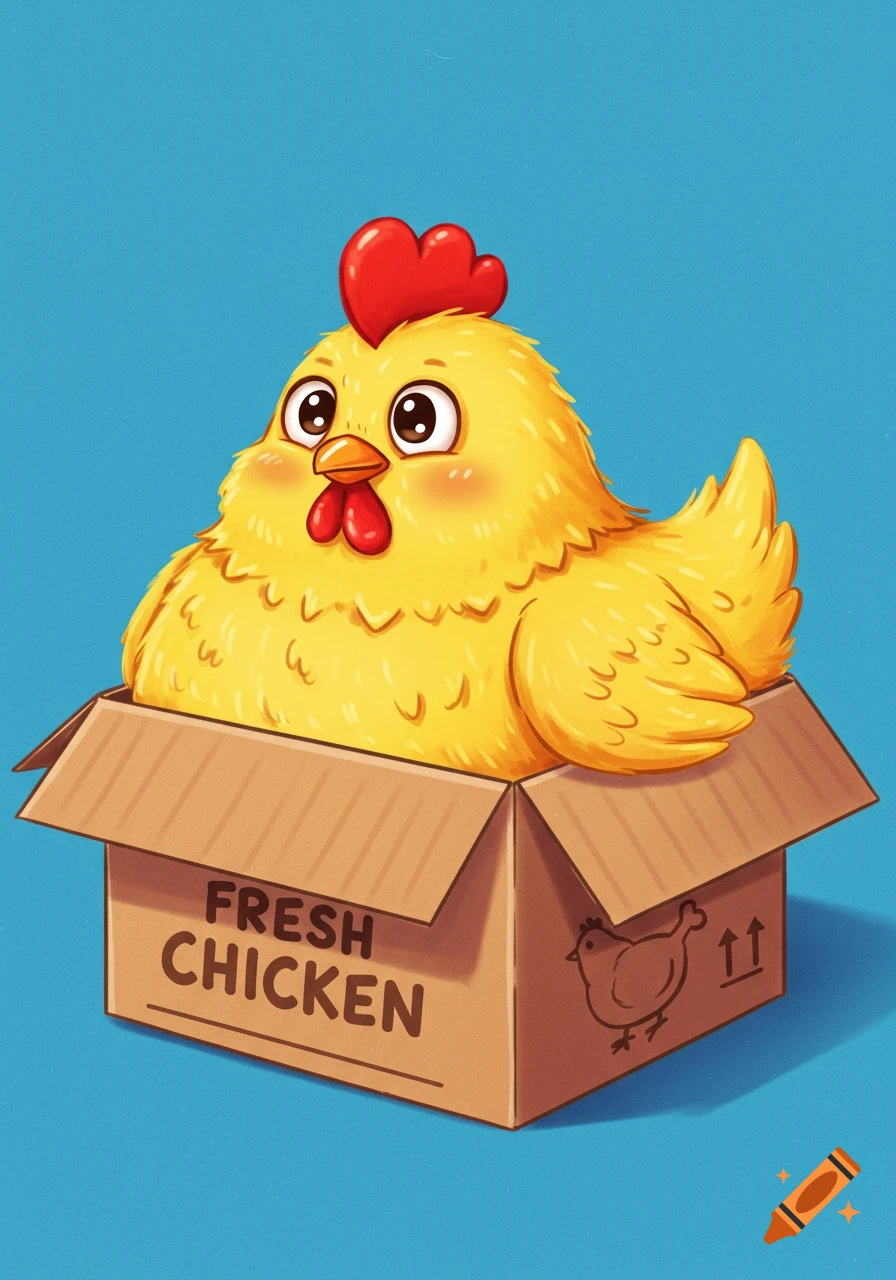 Cute cartoon chicken sitting in a cardboard box with 'Fresh Chicken' label.