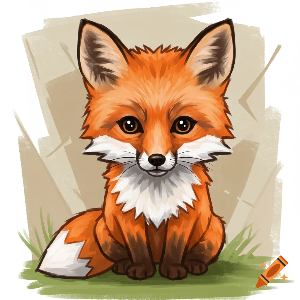 Drawing of a cute baby fox sitting on grass