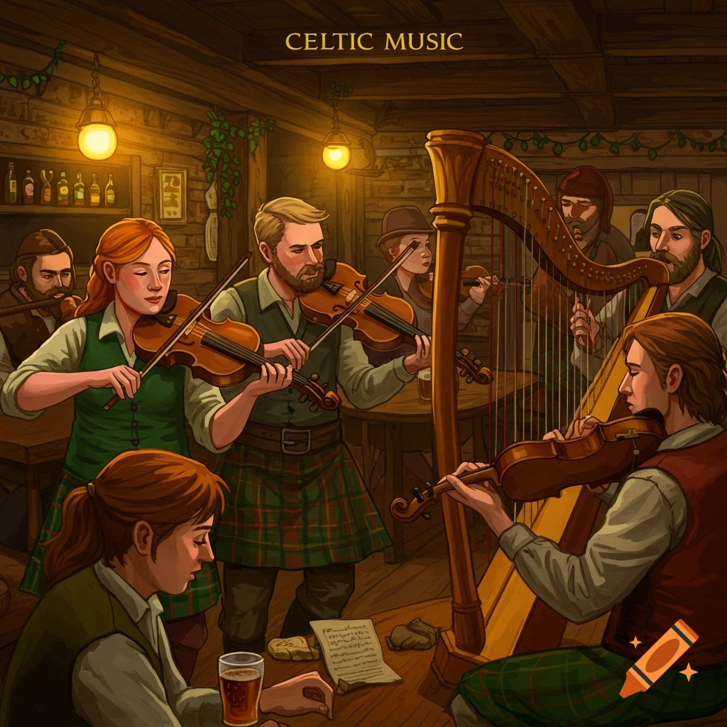 Illustration of musicians playing Celtic music in a cozy pub.