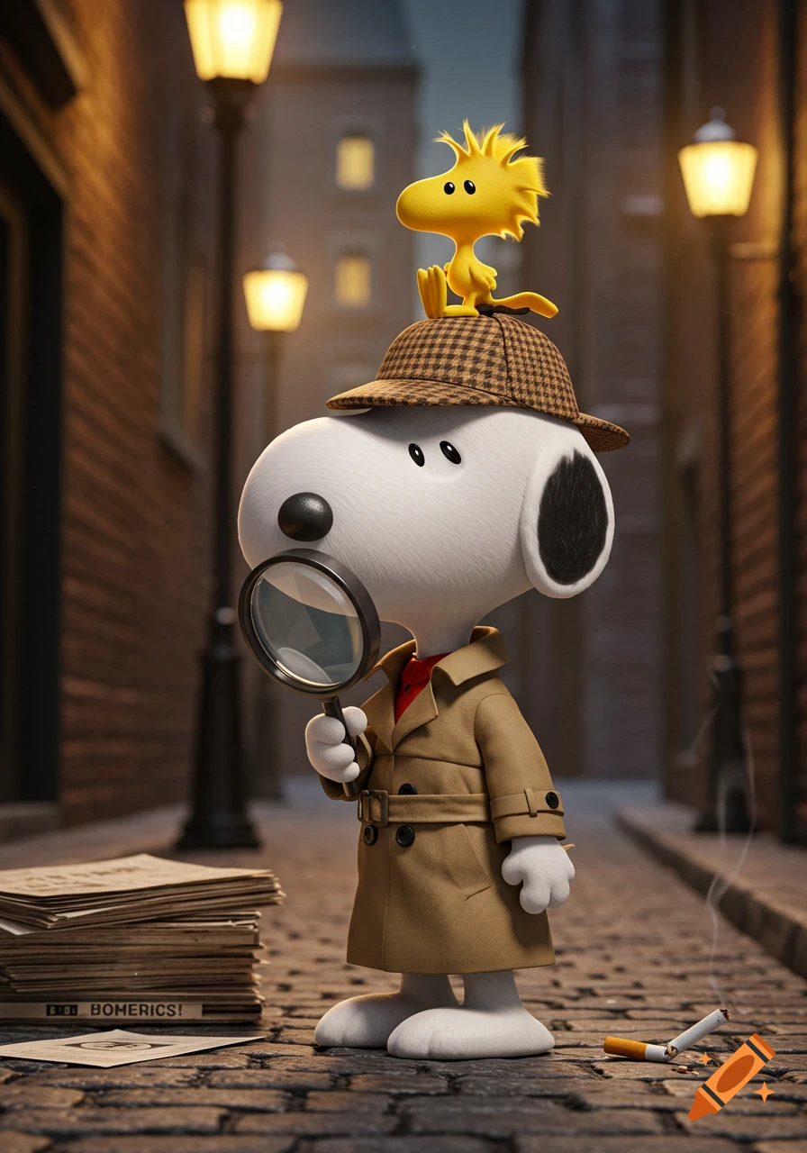 3D render of Snoopy as a detective with Woodstock on his head, holding a magnifying glass in an alley next to newspapers.
