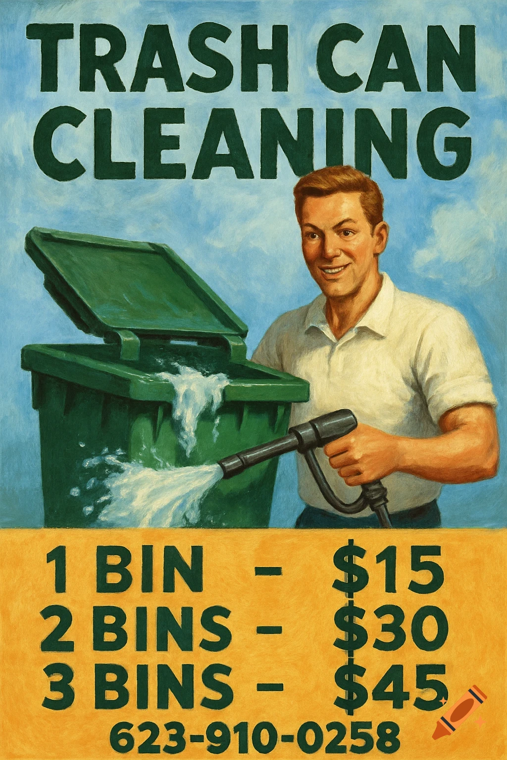 Flyer for trash can cleaning showing a smiling man cleaning a green trash can with a pressure washer, with pricing and contact info.